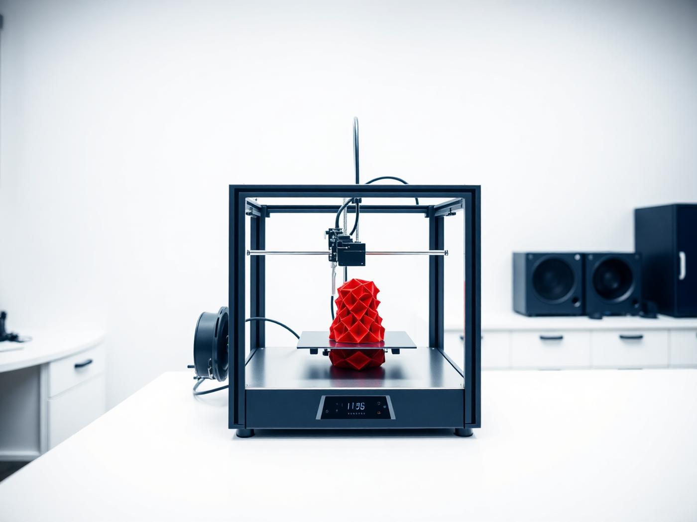 3D printer in a bright white studio building a vivid red object
